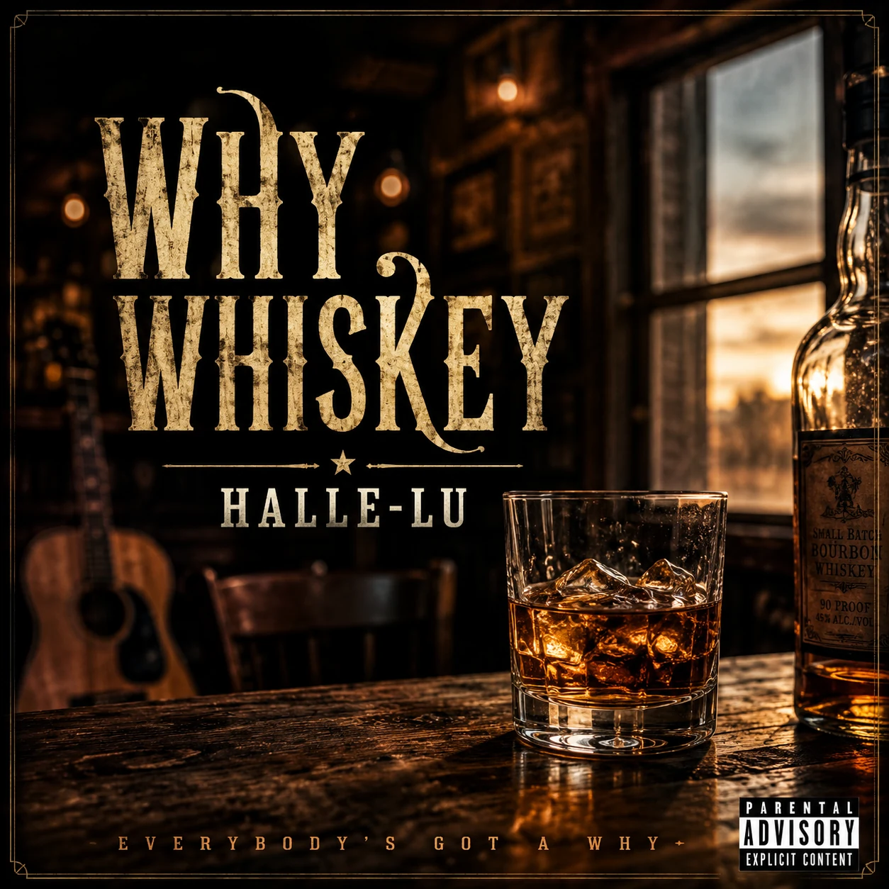 Why Whiskey artwork featuring a glass of whiskey in a rustic bar